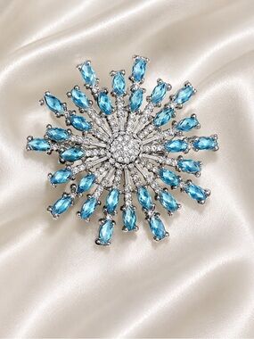 Silver Blue Crystal Starburst Brooch